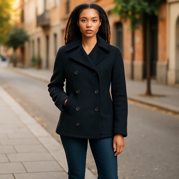 J. Crew Women's Wool‎ Double Breasted Jacket Peacoat Blazer Pockets Black Medium - Picture 1 of 9
